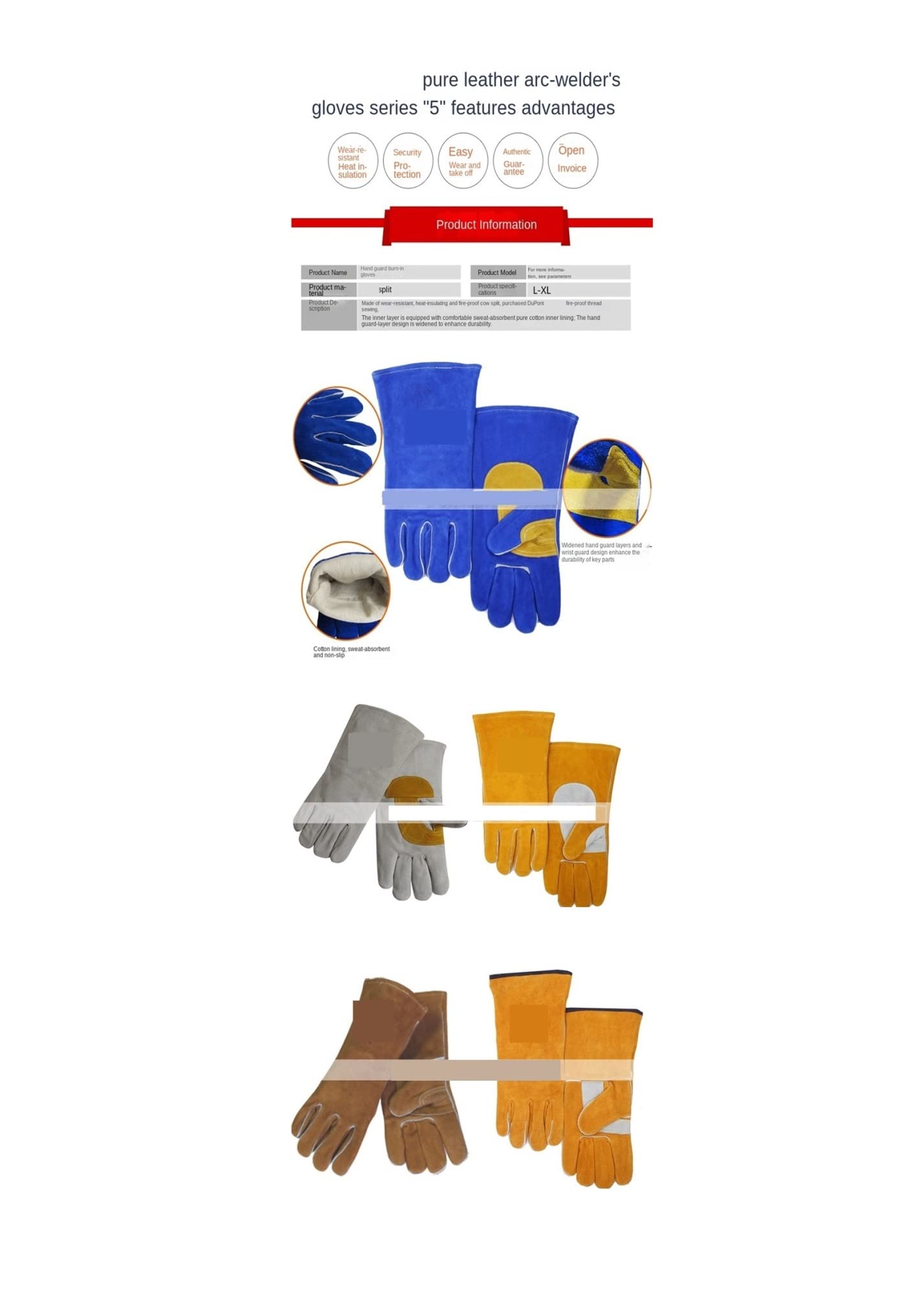 Équipement de Soudage Gants de soudage de protection de la palmier bleu(L)
