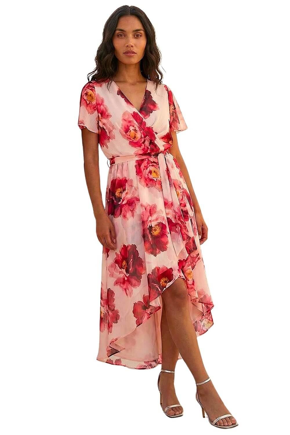 Roman Frill Dress for Women UK Ladies Summer Wrap Chiffon Frill Hem Layered Belted Midi Maxi Tiered Cape Special Occasion Fit & Flare Wedding Guest Swing Skater