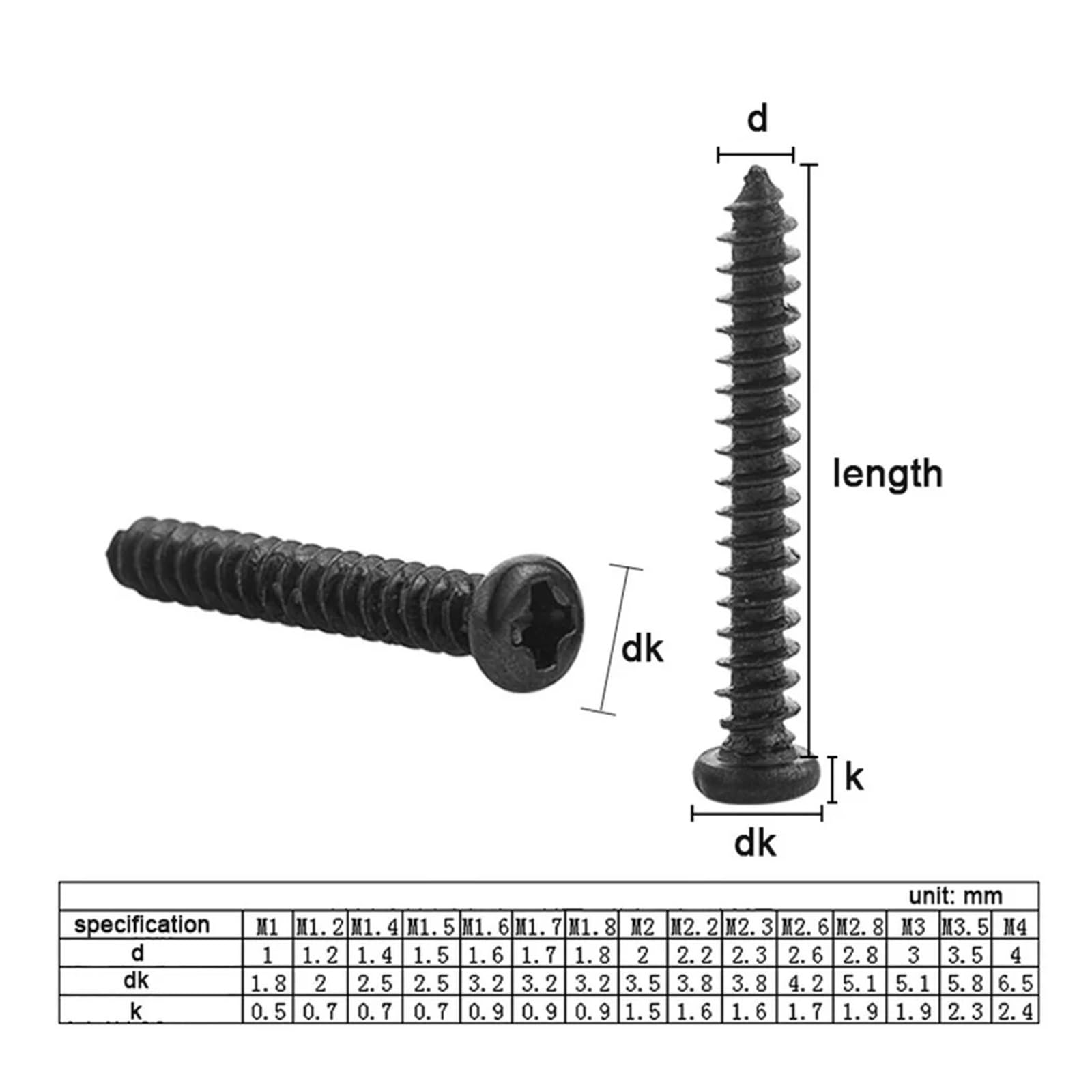 Tornillos Tornillos autorroscantes Tornillo de Ace 100 Tornillos autorroscantes de Cabeza Redonda en M1.8, Tornillo de Acero al Carbono Negro(M1.8 x100pcs*5mm)