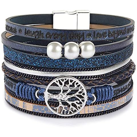 FANCY SHINY Tree of Life Leather Wrap Bracelet Inspirational Cuff Bangles Boho Pearl Bracelets with Clasp Unique Jewelry Gifts for Women Teen Girls(Navy Blue) Cover