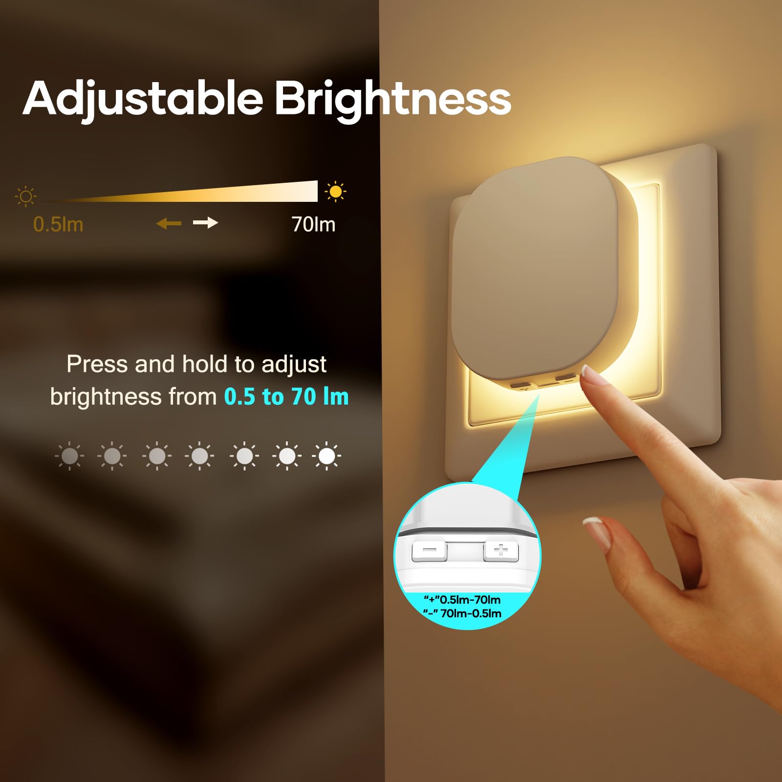 2 Pack Backlit Night Light Plug in Wall with Motion Sensor, Dimmable 0.5-70lm, AUTO/ON/Off, 2700K Warm - Image 2