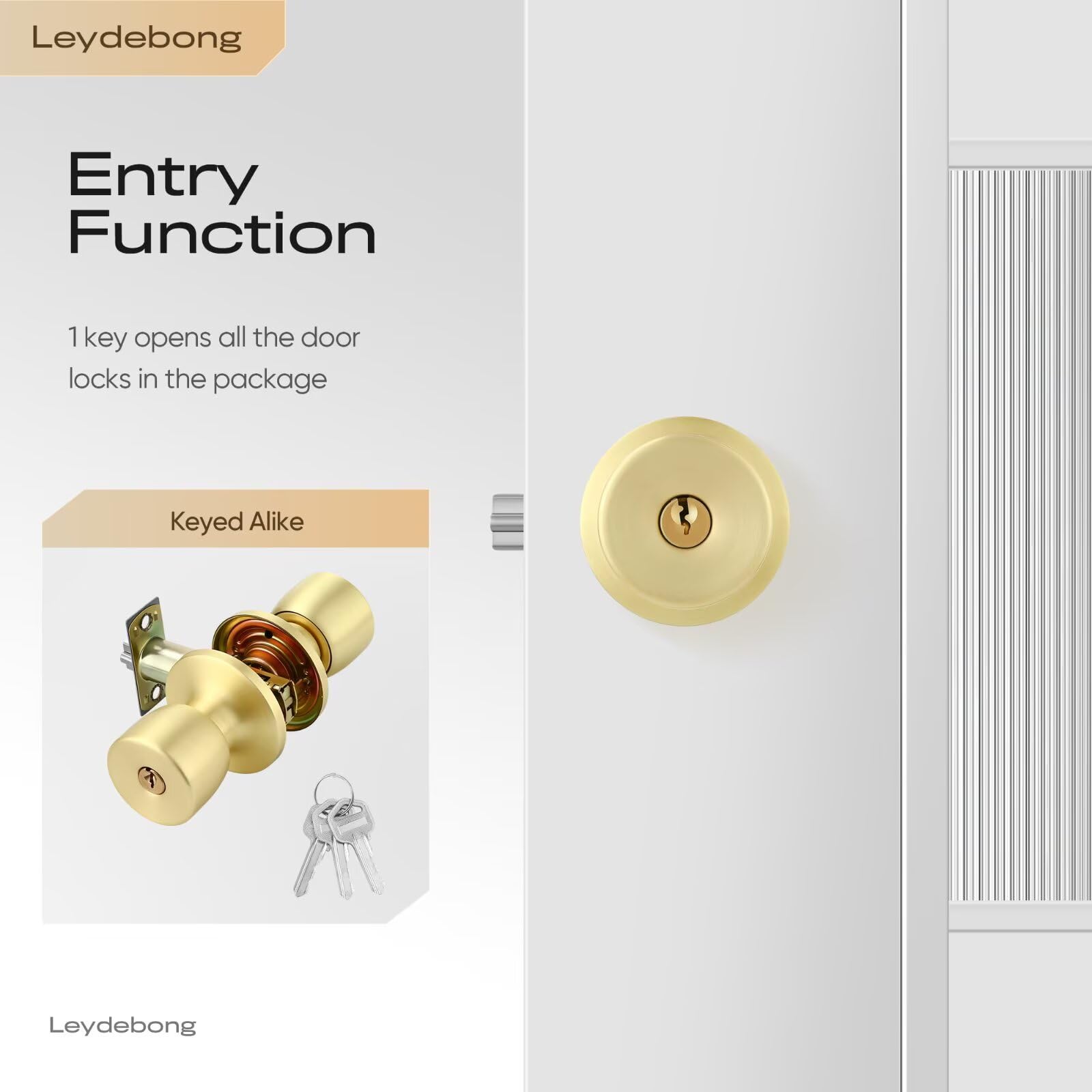 Leydebong Paquete de 5 pomos de puerta de acero inoxidable con cerradura dorada con llaves, respaldo ajustable de 60 a 70 mm para puertas de 35 a 45 mm de grosor, puerta delantera, dormitorio, baño