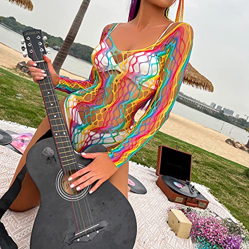 Bikini de malla arcoíris multicolor con transparencia sexy de rayas 4