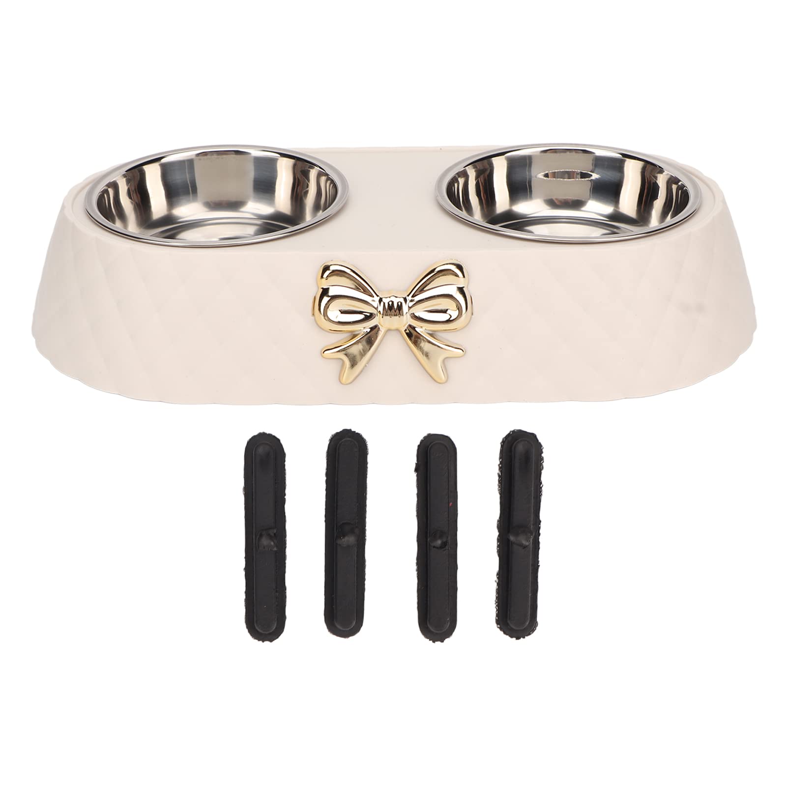 Double Pet Bowls Prevent Slip Stainless Steel Pet Food Water Bowls Double Pet Feeding Bowls with Bowknot Decor Holder Stand for Pet Dog Cat (Beige)