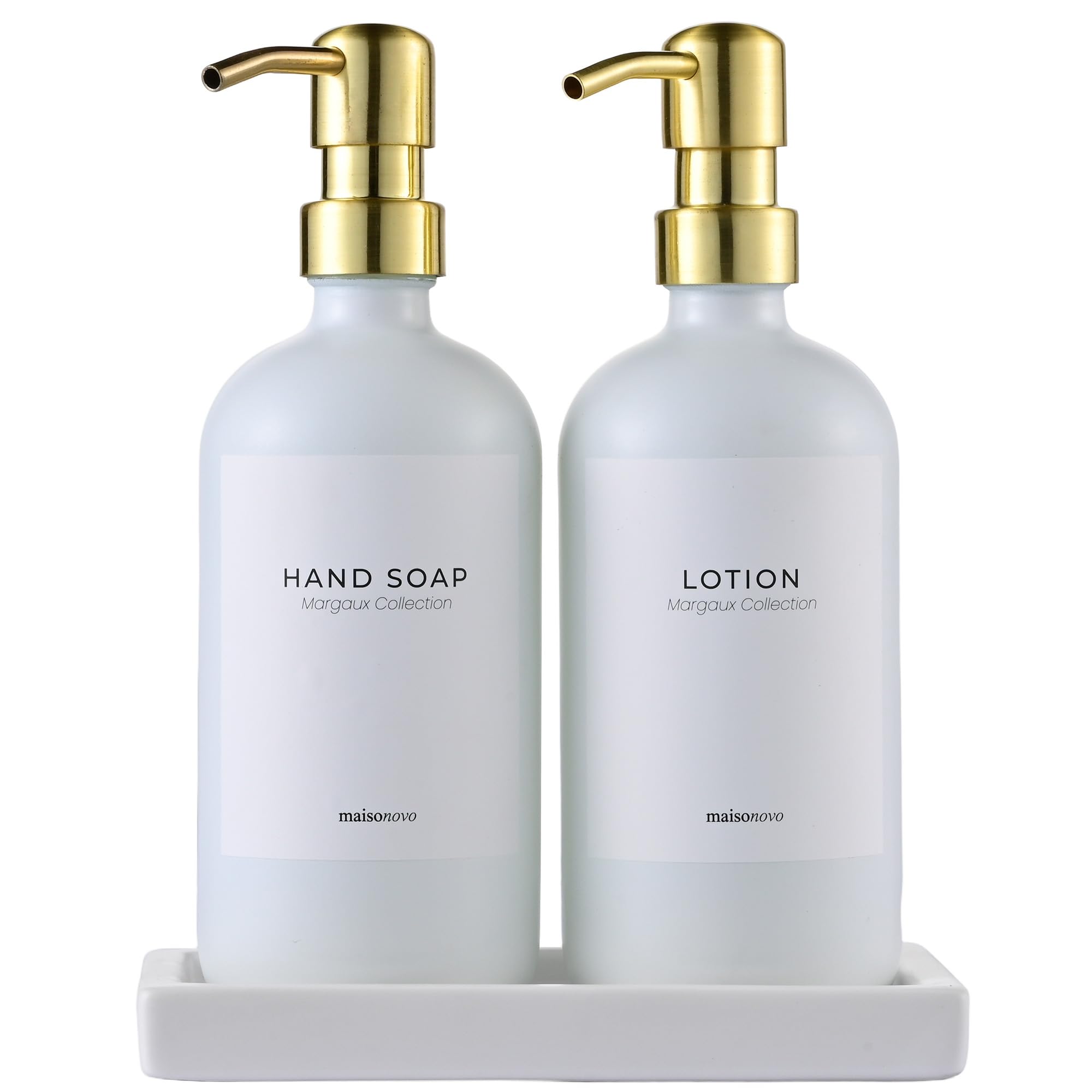 Maisonovo White Bottles Gold Pumps + White Ceramic Tray Soap And Lotion Dispenser Set - Bathroom Soap Dispenser Set With White Soap Dispenser, Gold Pumps & Ceramic Tray