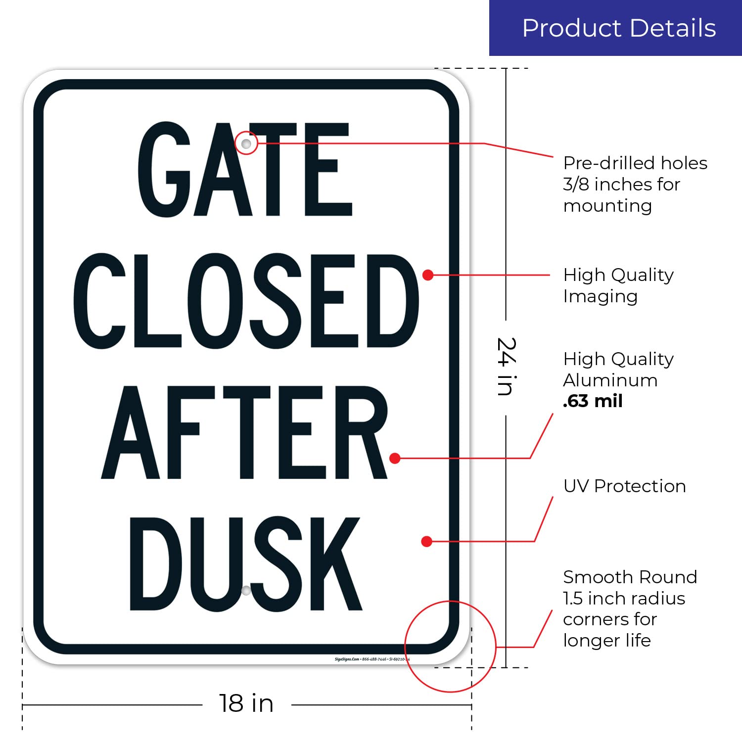 Gate Closed After Dusk Sign, 18x24 Inches, Rust Free .063 Aluminum, Fade Resistant, Made in USA