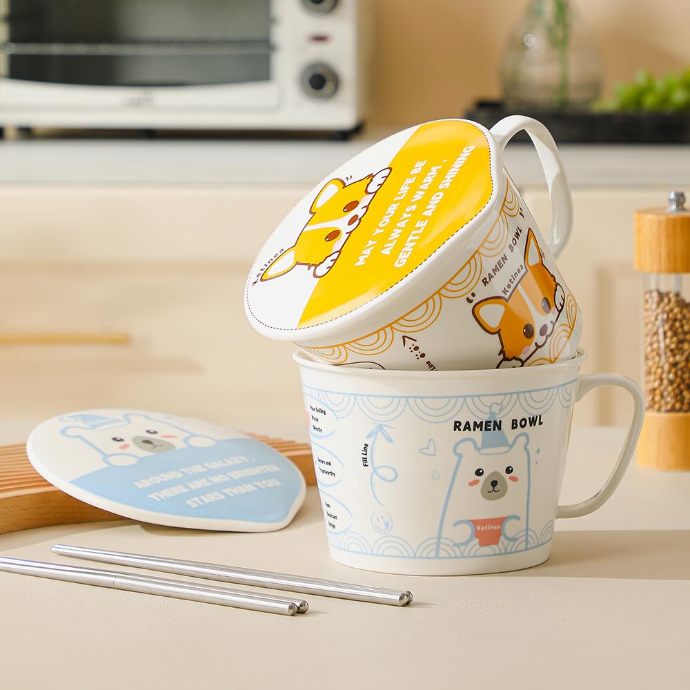 Ketinea 34oz Ceramic Ramen Bowl Set Charming, Lid, Handle, and Stainless Steel Chopsticks Elevate Your Noodle Experience Ideal Gift for Teens and Kids ()