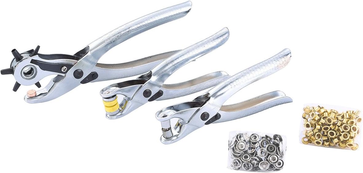 FLK Tech 3pcs Punch Hole Tool, Heavy Duty Revolving Punch Plier eyelet and Press Stud Pliers Set Metal Tool for Leather Belt, Saddle, Watch Strap, Shoe, Fabric, Paper, etc