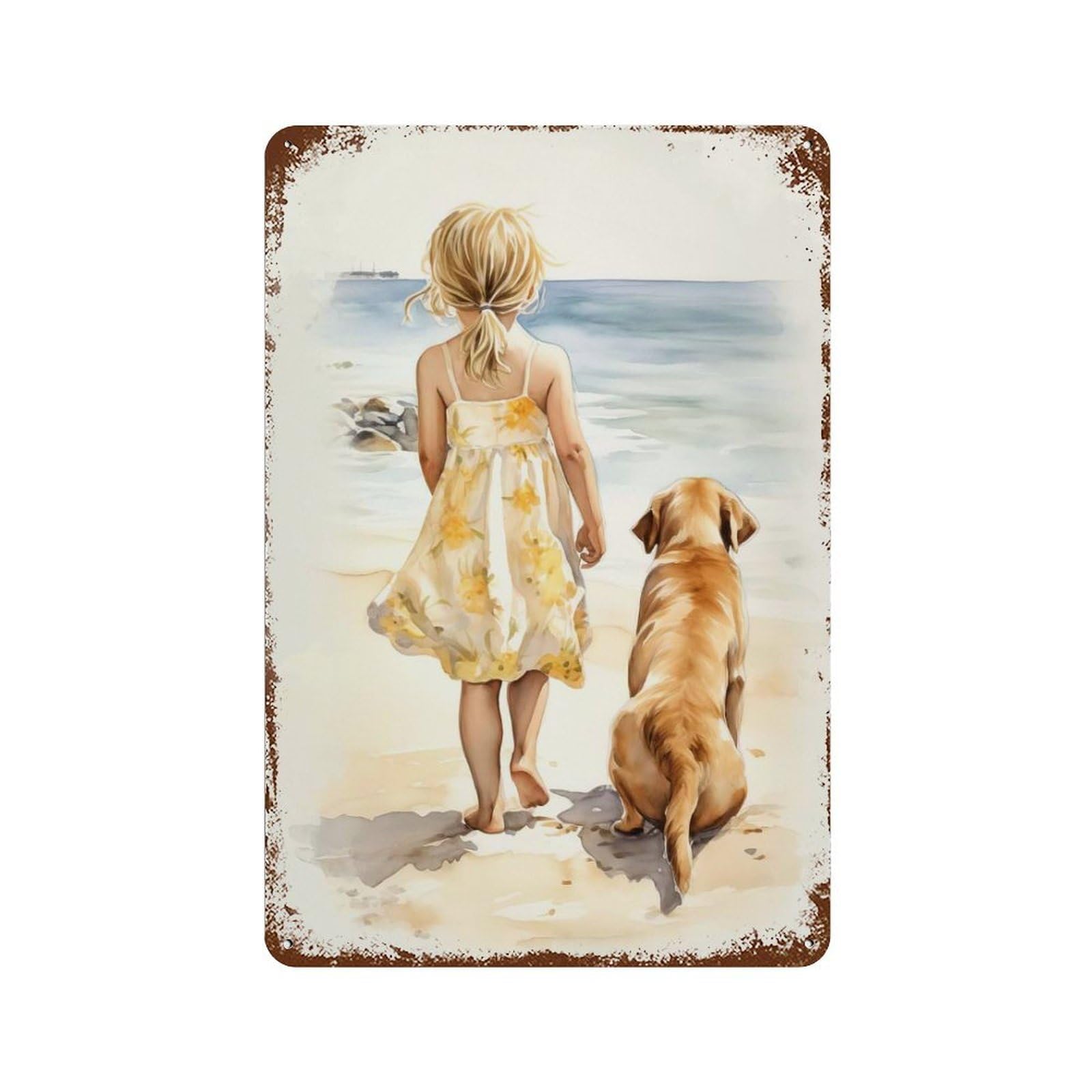 Distressed Metal Wall Sign Little Girl with Labrador 11.8"x7.9", Decorative Metal Wall Art for Farmhouse, Kitchen And Entryway Decor