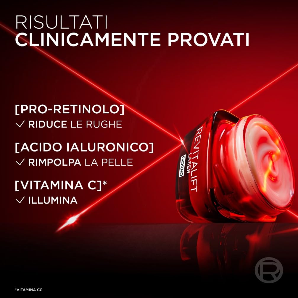 L'Oréal Paris Crema Viso Giorno Revitalift Laser, Per Tutti i Tipi di Pelle, Azione Antirughe e Anti-Età, Pelle più Soda e Tonica, Con Acido Ialuronico, Vitamina C e Pro-Retinolo, 50 ml