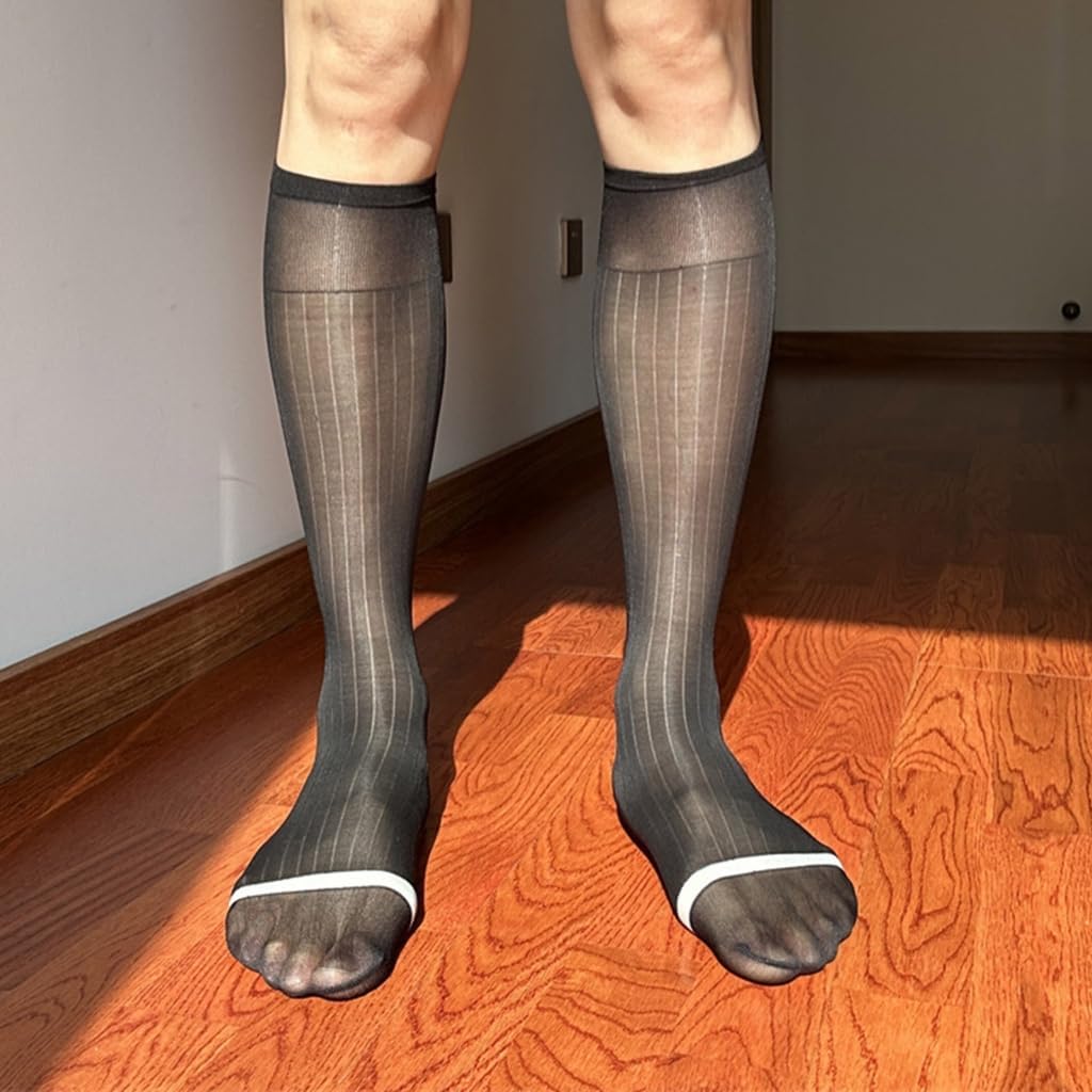 Men's Knee Length Dress Socks with Classical Design Nylon Stockings for Formal Occasion and Business