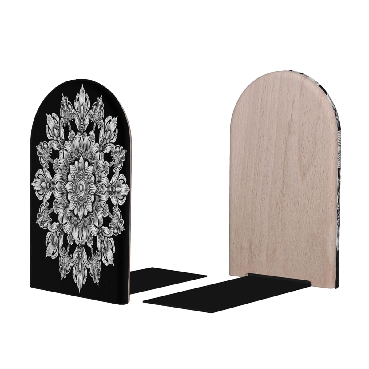 (2 PCS/1 Pairs) Wood Bookends Bohemian Mandala Decorative Wood Bookends for Student School Shelves Kids Room Desk Home Office Book Stoppers for Holiding Books 5x3 Inch-1