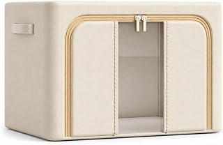 Foldable Storage Box, Steel Frame, Oxford, Beige, 66L