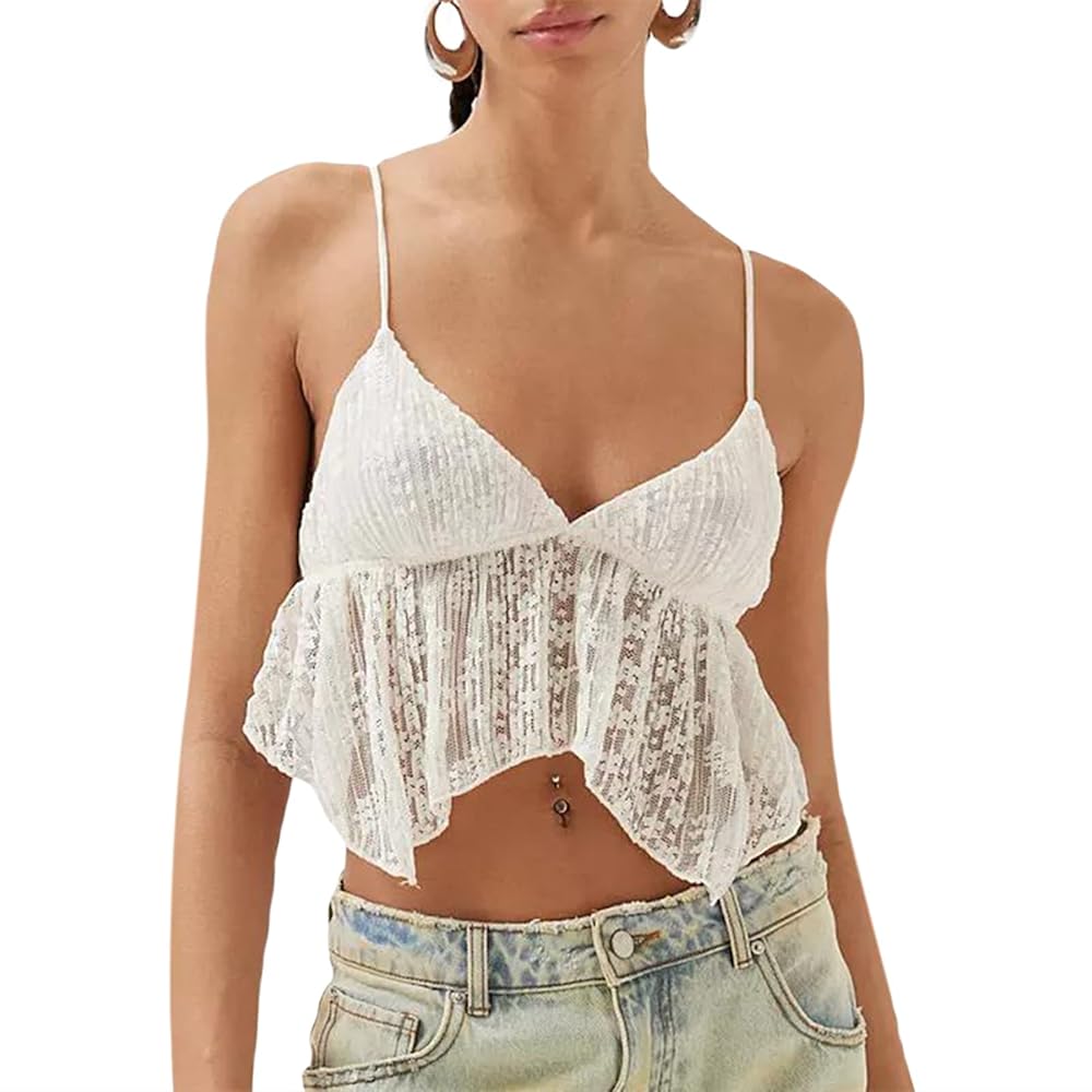 Karwuiio Women's Ruffles Tank Top Spaghetti Strap Frill Crop