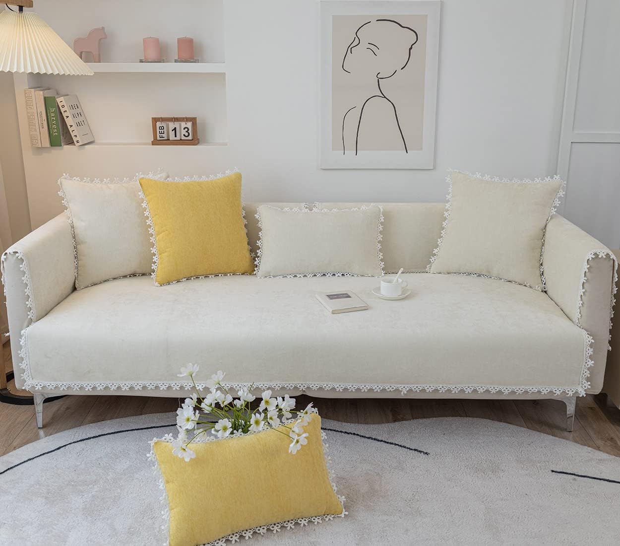 vctops Soft Chenille Couch Sofa Cover Elegant Lace Sectional Couch Covers Nonslip Solid Color Sofa Slipcover for Dogs, Children, Pets Furniture Protector (Cream,36"x47")