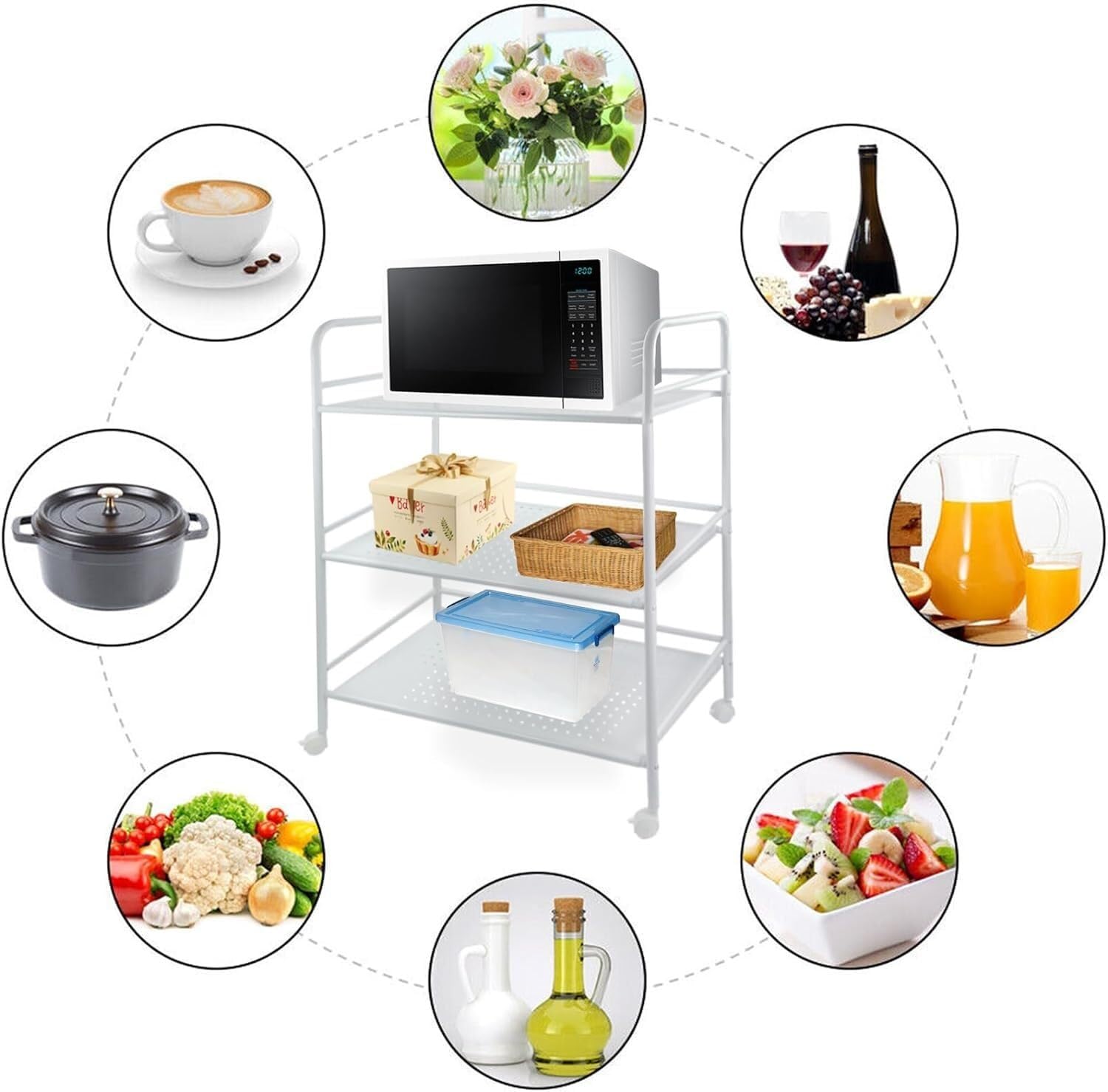 Carrello Portaoggetti per Varie Applicazioni Carrello Portaoggetti in Metallo A 3 Ripiani con Ruote, da Cucina per Ufficio, Camera Letto, Bagno Arredamento