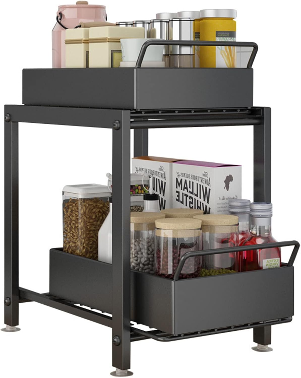 Cabinet Under Sink Organization, 2-Layer Pull-Out Non-Slip Storage Rack, Kitchen Spice Bathroom Toiletries Storage Organization(Size:28 * 36 * 39,Color:White) (Black 22 * 36 * 39)