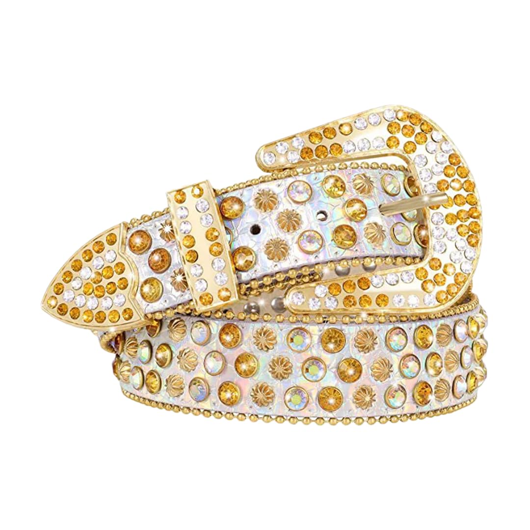 Women’S Italian Designer Rhinestone Belt Punk Rock Diamond Studded Soft Leather Waistband