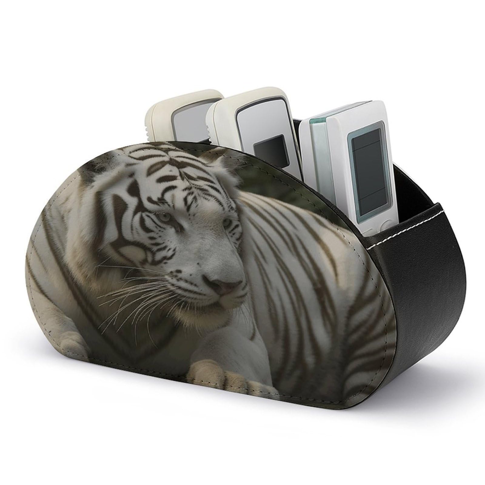 VstaDank White Bengal Tiger Remote Control Holder Farmhouse TV Media Remote Storage Box with 5 Compartments PU Leather Remote Caddy Desktop Organizer for Home Bedside Table Organizer