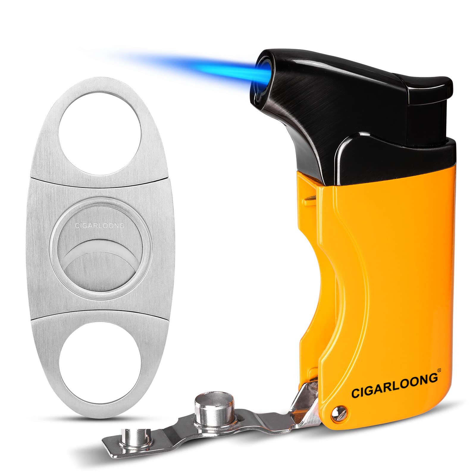 CIGARLOONG Cigar Lighter and Cutter Set – Stainless Steel Torch Lighter with Sharp Cigar Cutter and 2 Built-in Punch Openers, Gift Box Packaged (Yellow)