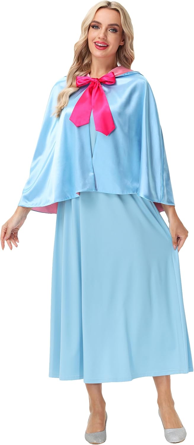 Deerose Women Halloween Godmother 2PCS Costume Sleeveless Maxi Dress Blue Hooded Cloak Outfits