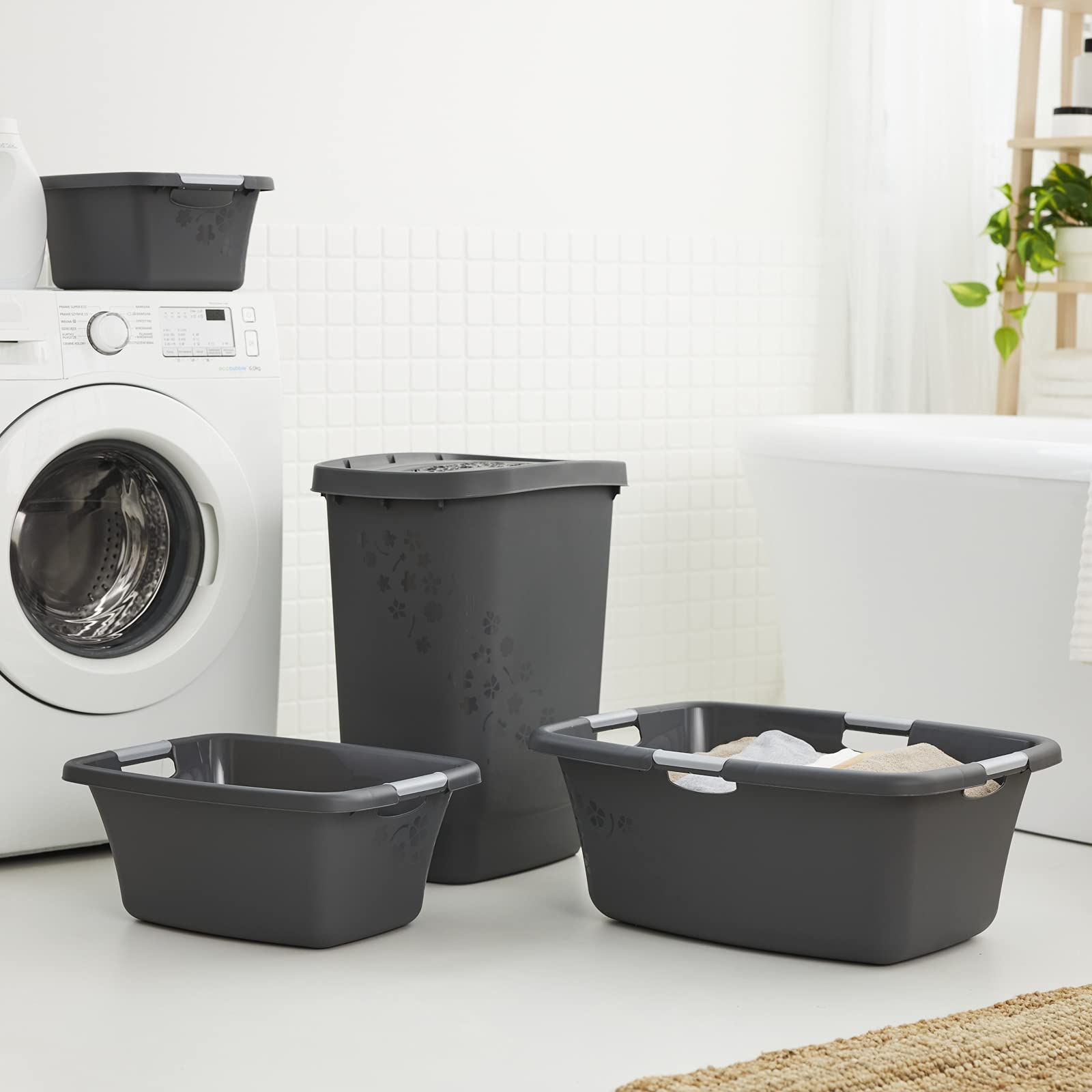 Rotho Flowers Cestino per il bucato 50l, Plastica (PP) senza BPA, antracite, 50l (65.1 x 48.6 x 26.2 cm)