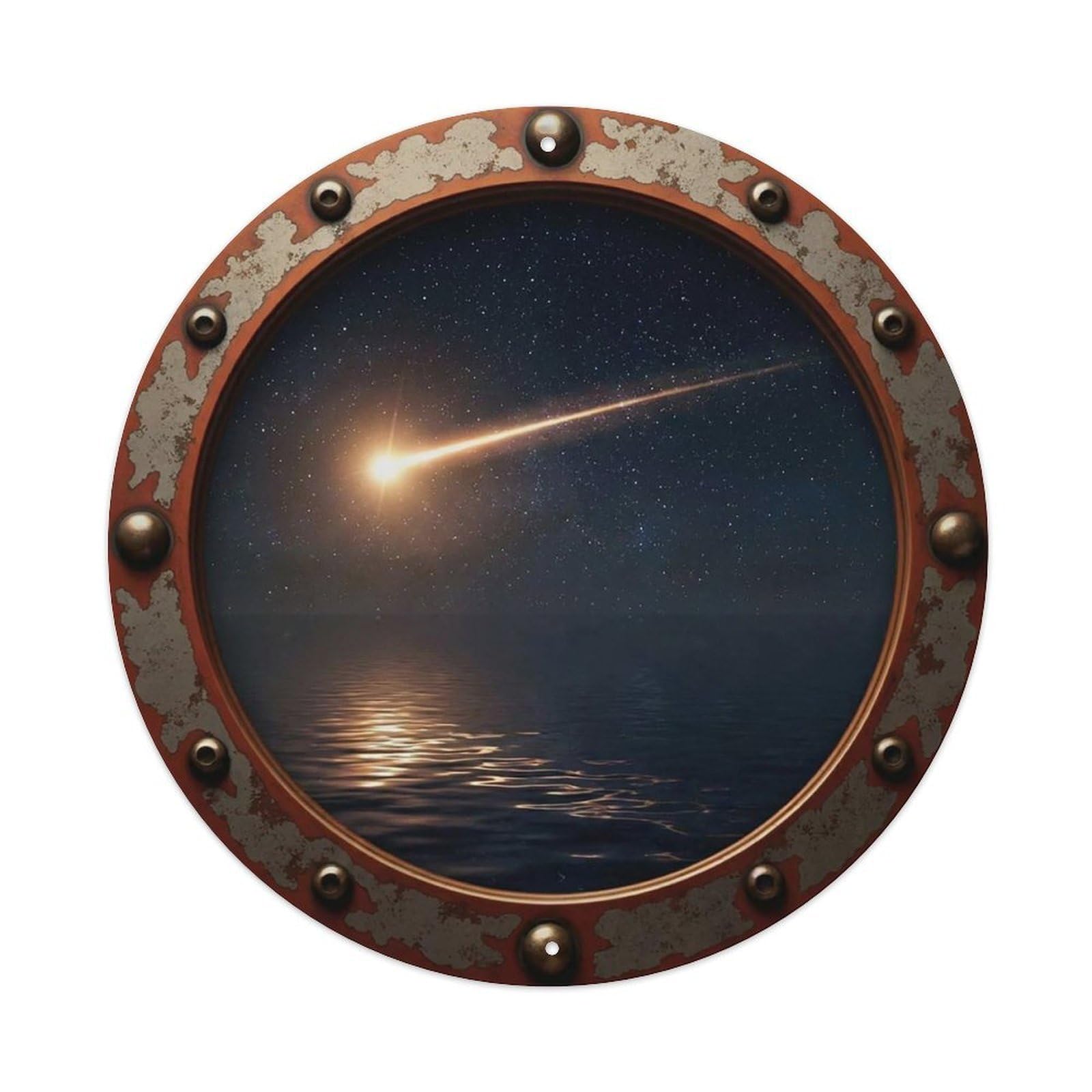 Vintage Porthole Shooting Star Night View Vintage Metal Tin Sign Plaque Wall Decor for Cafe, Club Bar, Office, Garden Metal Poster 8x8Inch