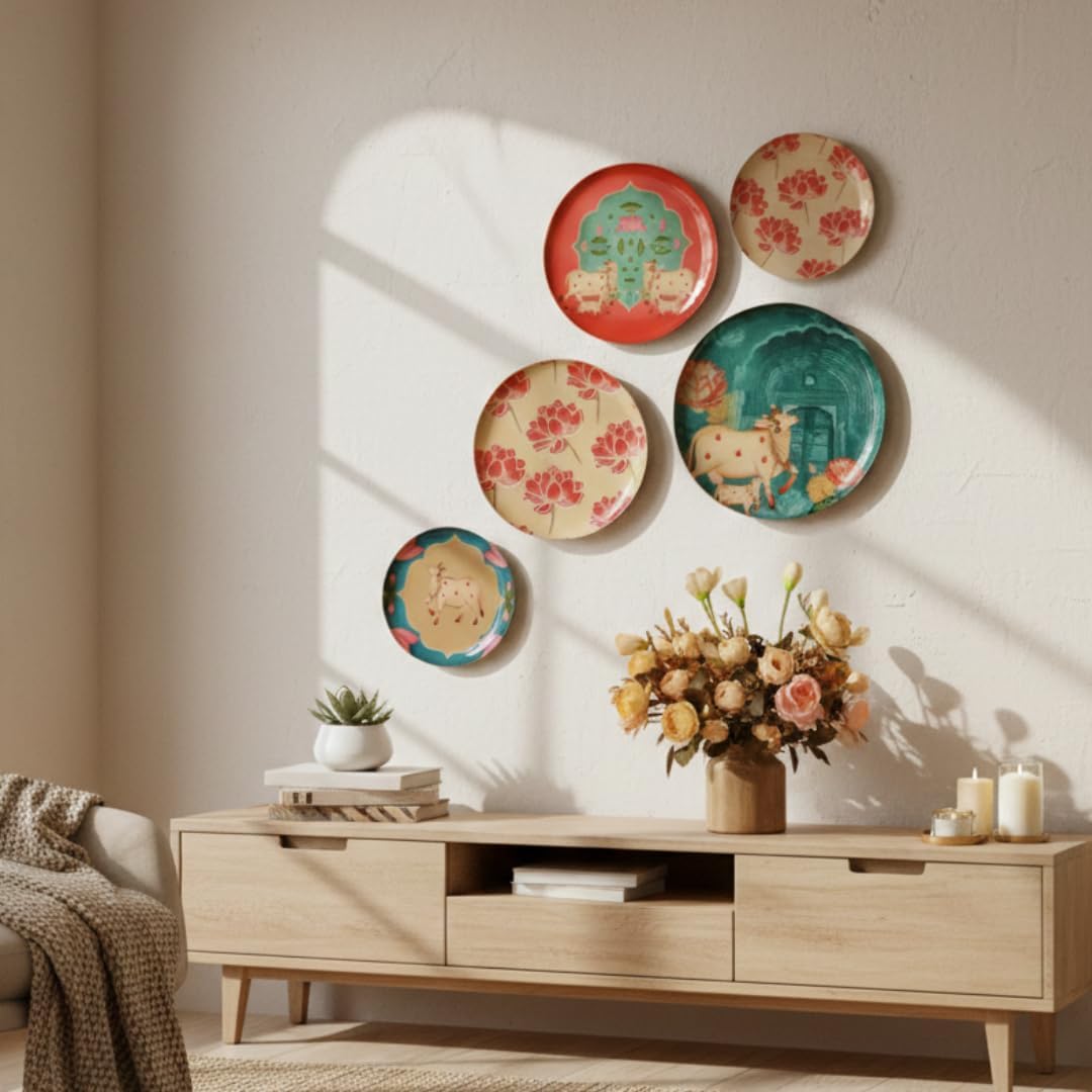 RITUALISTIC Pastel Pichwai Iron Wall Plates- Set of 5 (Multicolor) | Wall Arts For Home Decoration, Living Room, Bedroom, Office Decor | Aesthetic Room Decor Items | Wall Hanging Showpiece