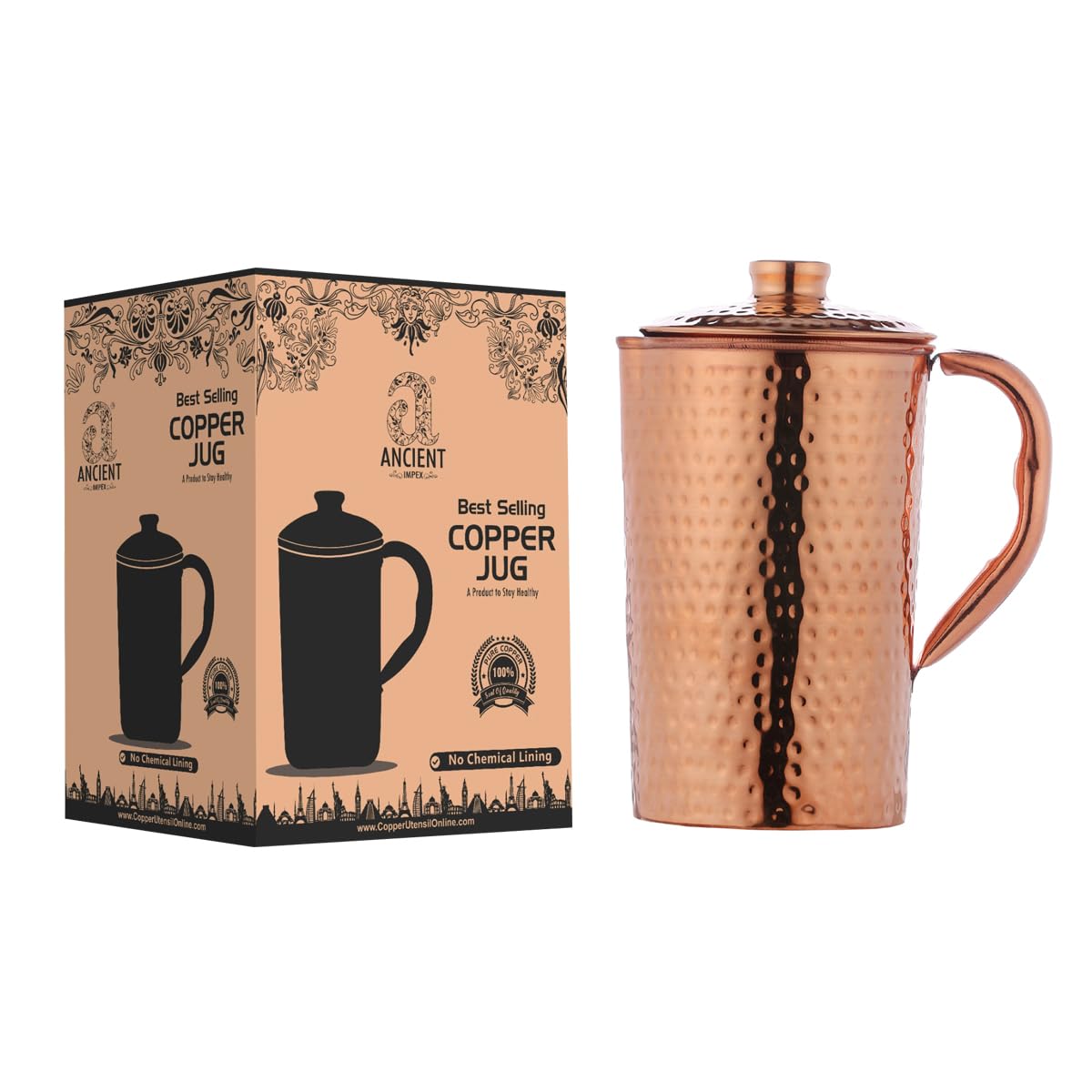 Copper Pitcher (Jug) Hammered 1.5Lt (50.72 US Fl Oz) Capacity, Unlined, Uncoated and Non-Lacquered for Ayurveda Health Benefits made of Pure Copper