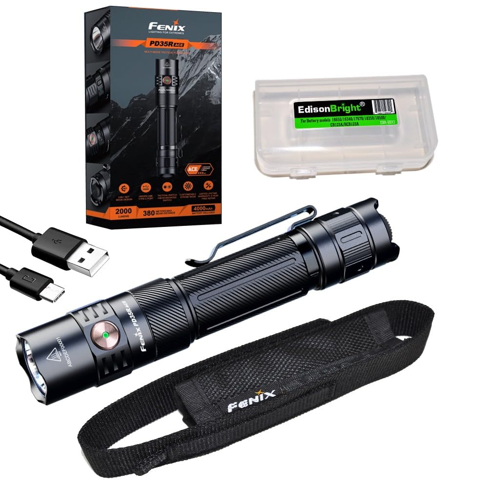 Fenix PD35R ACE flashlight, showing its compact size and tactical design.