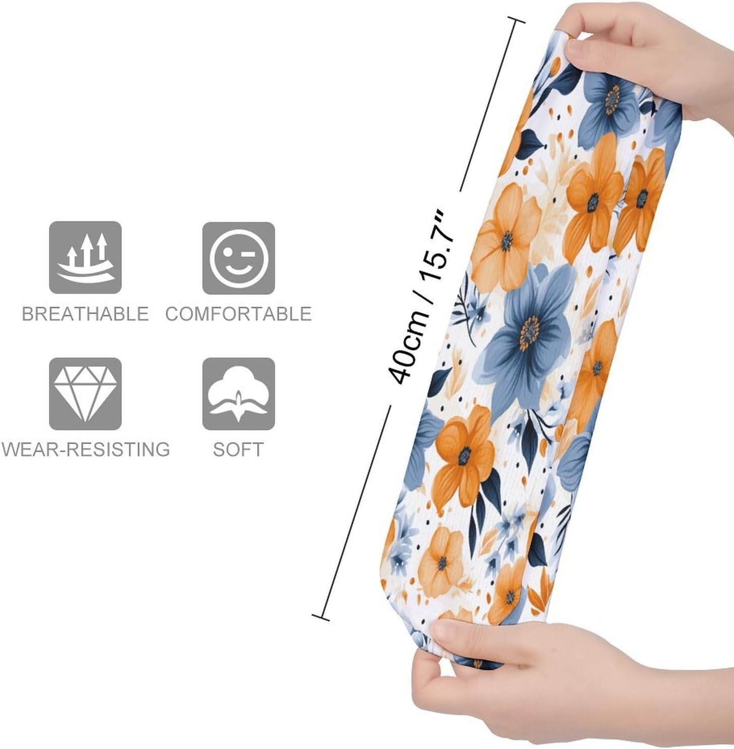 Blue And Orange Flowers on White Background Crew Socks Soft Thermal Socks | Socks for Men Women-Casual Wicking,High Stocking for Sports Running-Long Thin Tube Sports Breathable