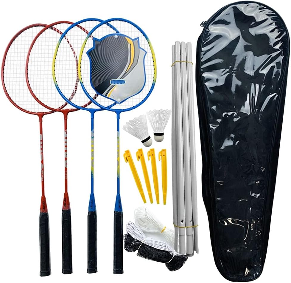 Sports Badminton Set for 4 Person Badminton Rackets Birdies Net Adjustable Polls Beach or Backyard Combo Set Games