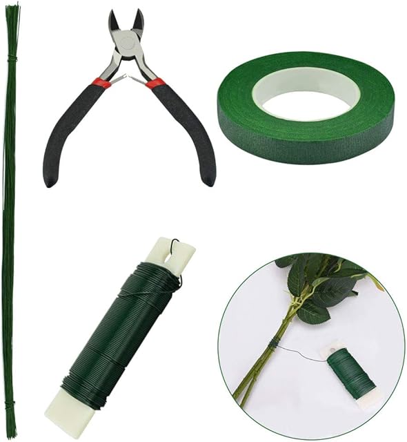 UTRUGAN 4 Pack Floral Arrangement Tool Kit 50Pcs*36cm Green Flower Stem Wire Green Floral Paddle Wire Flexible Flower Stem Tape Floral Wire Cutter Green Tape for Bouquet Stem Wrap Florist Wedding