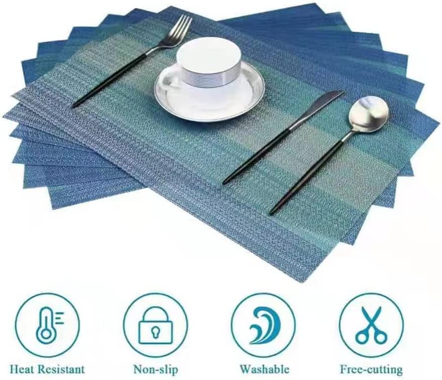 Image of YELONA Rectangular Crossweave Woven PVC Vinyl Non-Slip Insulation Heat-Resistant & Waterproof Stain Resistant Washable Placemat for Dining & Kitchen Table-(Blue,Set of 4)