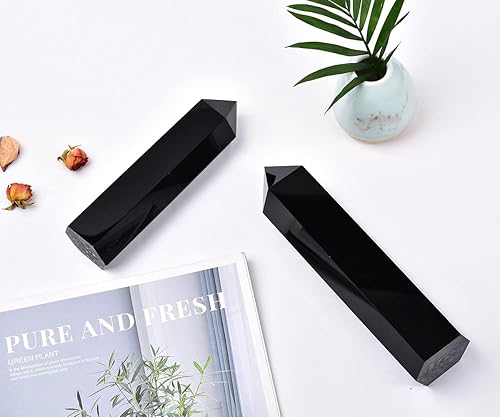 Miniatura 6 de Torre de cristal de obsidiana negra grande natural curativa, varita de punta de cristal obelisco de 6 facetas Reiki chakras terapia de meditación