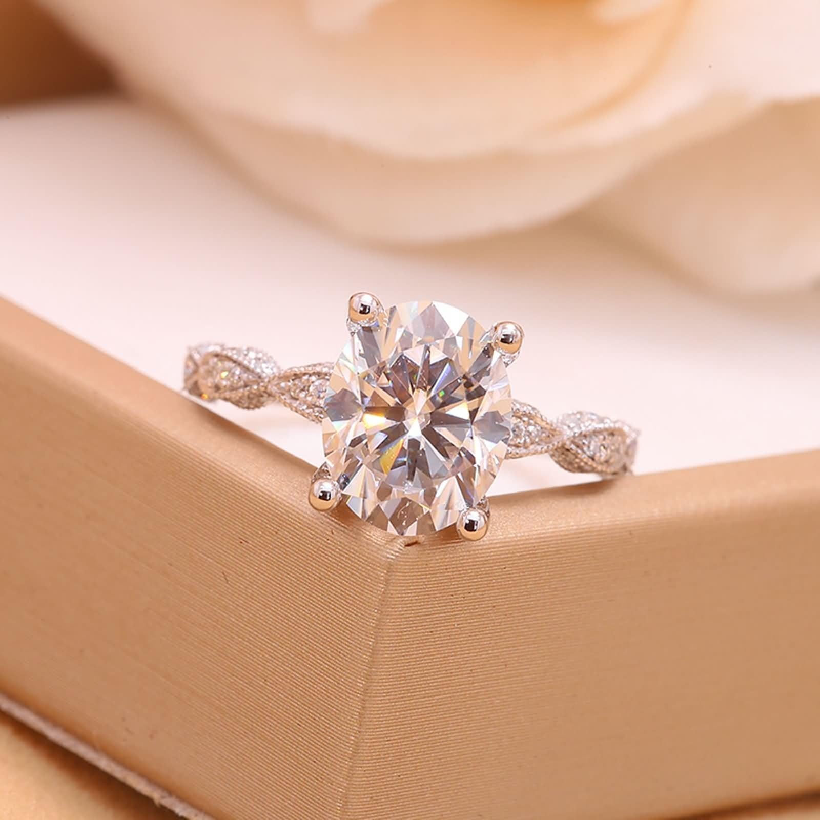 Złote pierścionki damskie, prawdziwe białe złoto, owalne, 4 ct, moissanit, pierścionki damskie, pierścionek zaręczynowy, 14 K/18 K, obrączki ślubne dla kobiet
