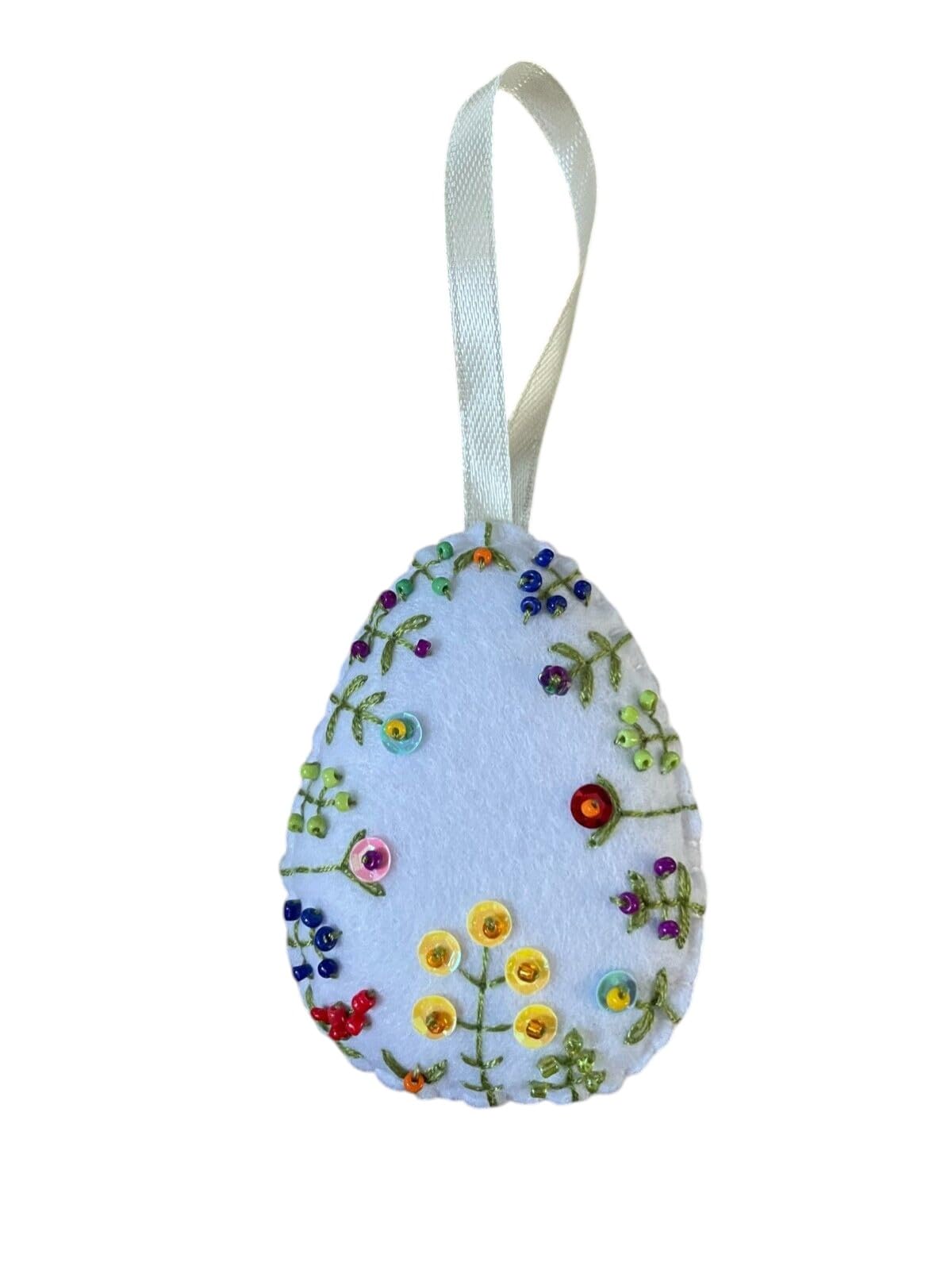 Handmade felt Easter decorations hanging ornaments bunny, chicken, egg (white flower egg)