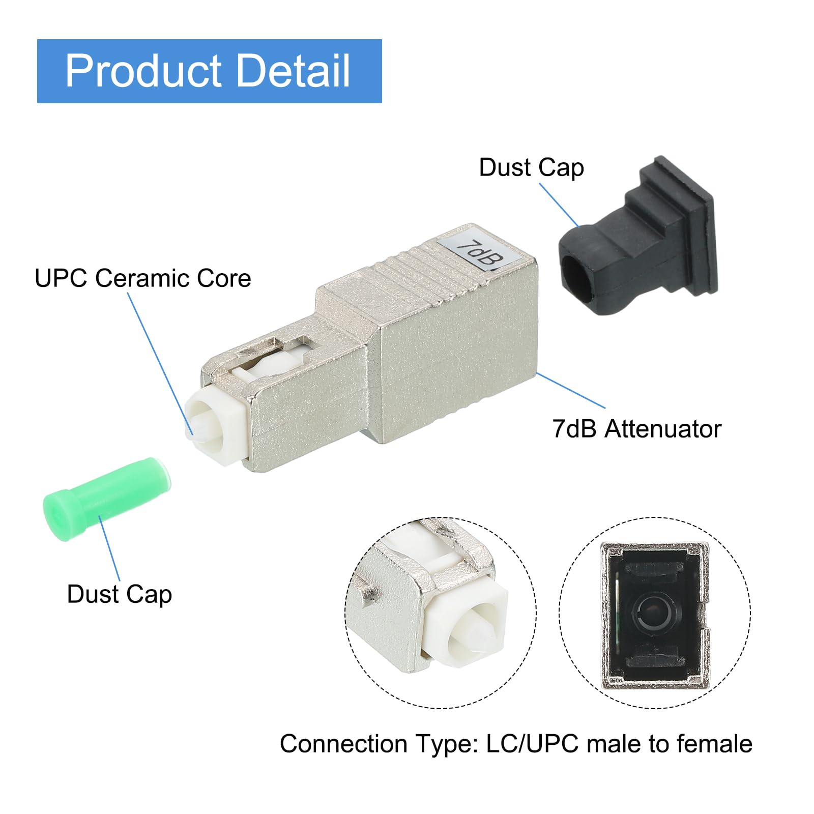 sourcing map Atenuador de fibra SC de 7 dB, SC/APC SM, atenuador fijo de fibra óptica macho a hembra para transmisión óptica, paquete de 5