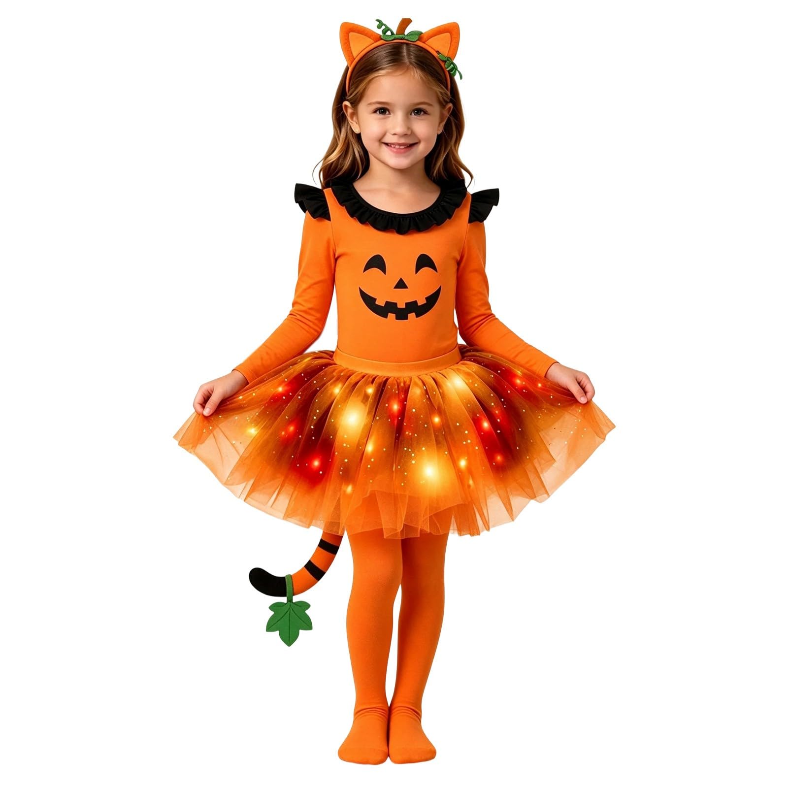 Girls Cat Halloween Costume Set, Light‑Up Tutu Skirt with LED Lights, Long Sleeve Cat Print Bodysuit, Cat Ear Headband, Tail & Tights, Kids Fancy Dress Outfit for Halloween Party Cosplay