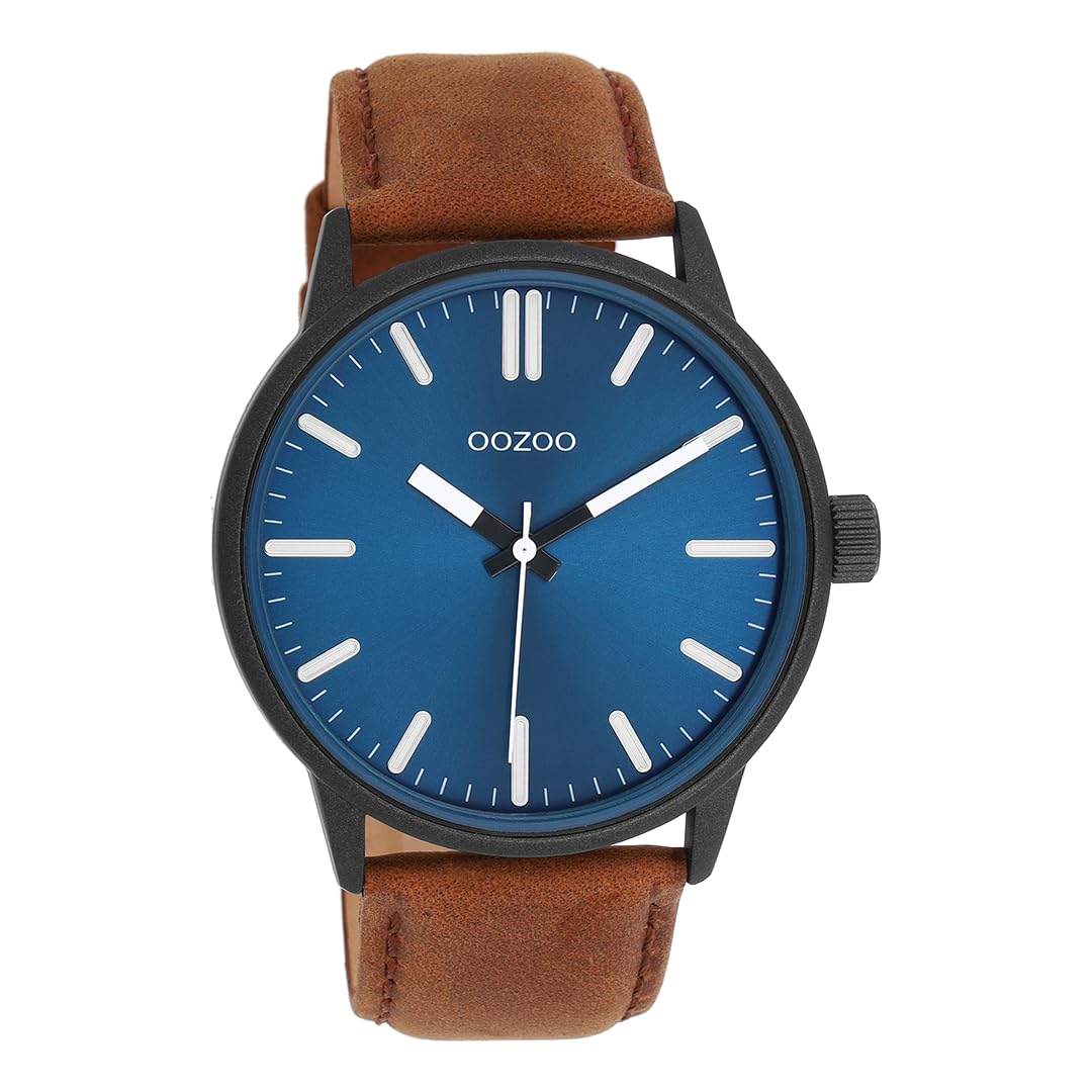Oozoo Timepieces Herren Uhr in schwarz/blau| Armbanduhr Herren mit Lederarmband | Schöne Uhr für Männer | Edle Analog Herrenuhr (45mm Gehäuse) in rund C11401