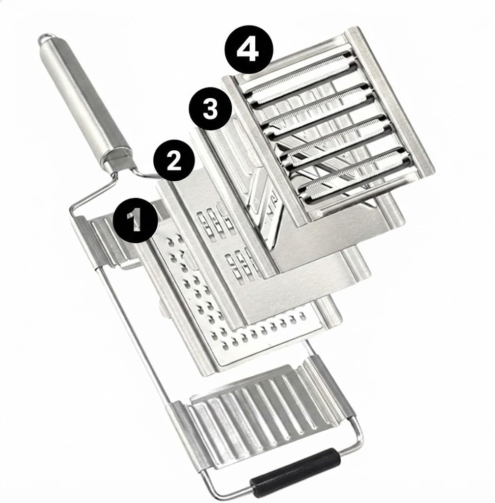 Orret Home 4 Bıçaklı Metal El Rendesi – Mandolin Tipi Çok Amaçlı Rende ve Dilimleyici, Peynir Sebze Meyve Doğrayıcı, Paslanmaz Çelik Gövde, Ergonomik Saplı Pratik Mutfak Aleti