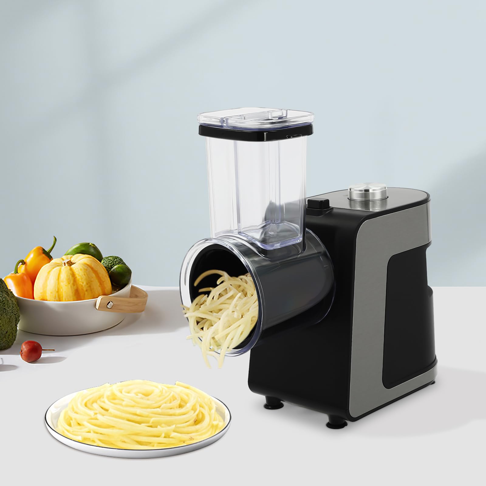 Cortador de verduras eléctrico de acero inoxidable, 5 en 1, rallador de verduras eléctrico, multi moulinette con 5 cuchillas, cortador eléctrico de verduras de 1000 W, fácil de limpiar
