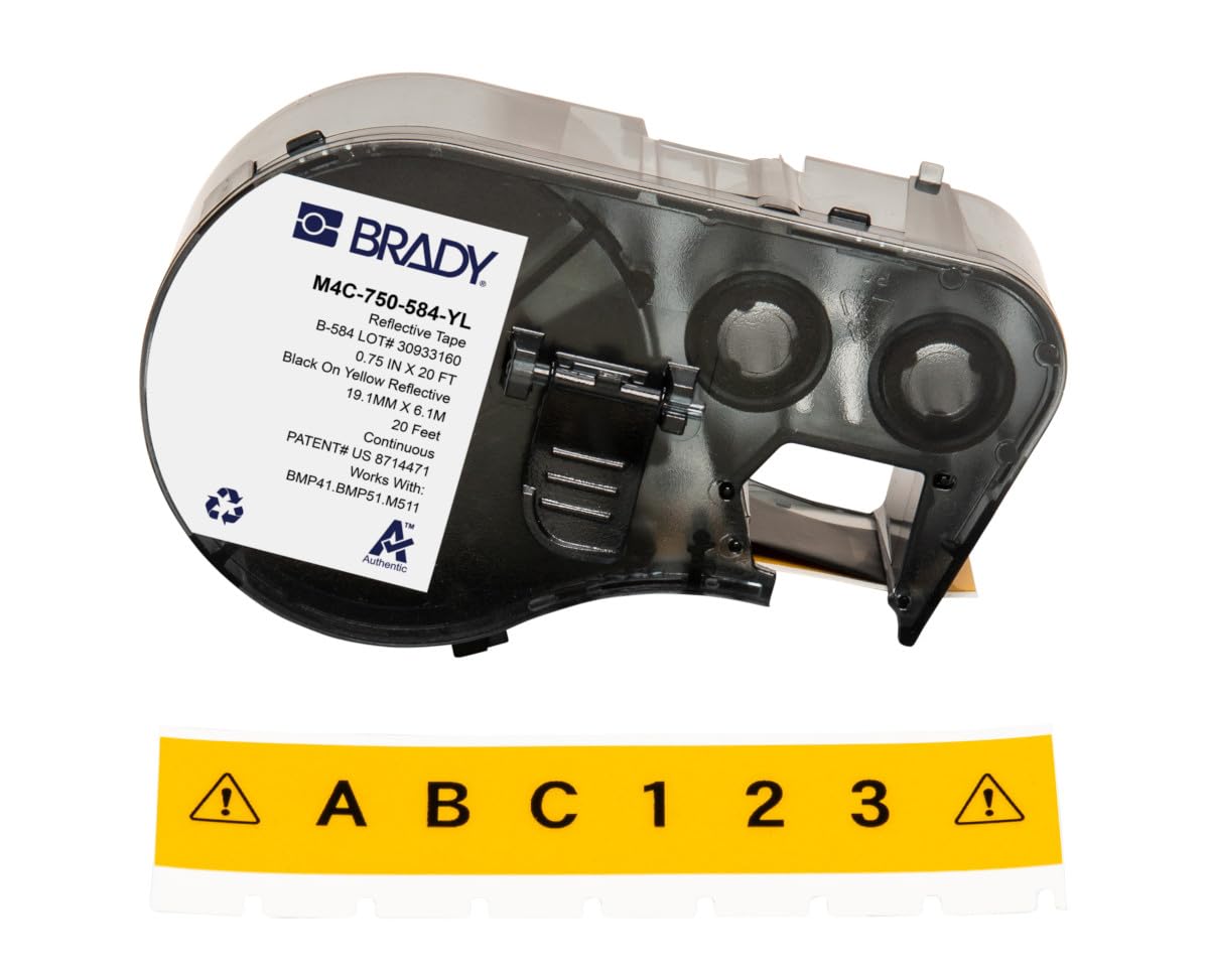 Brady Cinta de cinta reflectante para impresoras de etiquetas BMP41/BMP51/BMP53/M511 - Etiquetas adhesivas - Negro sobre amarillo (19,05 mm (an) x 6,10 m (l)) - M4C-750-584-YL