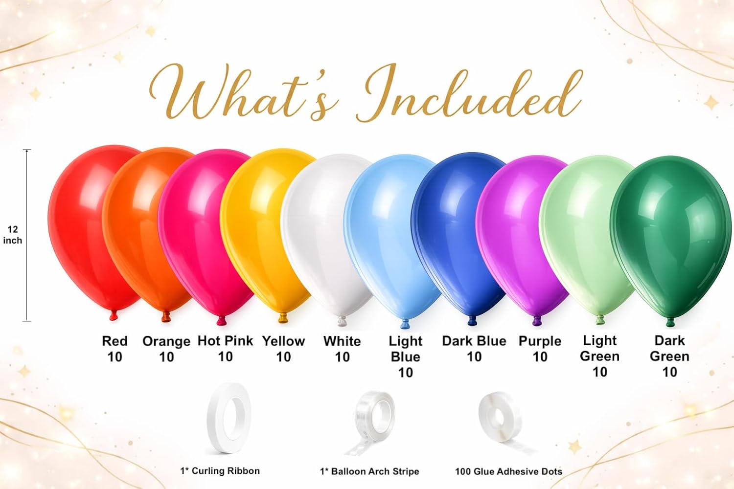 100 Pack Latex Balloons – 12 Inch Assorted Rainbow Party Balloons with Arch Strip, Ribbon & Glue Dots – Birthday, Baby Shower & Balloon Arch Decoration Kit