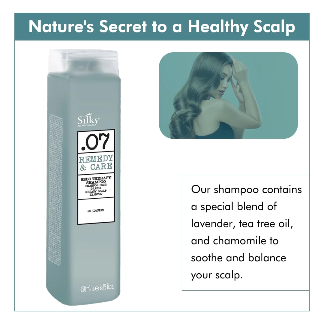 Silky.07 Technobasic Sebotherapy Shampoo for Oily Hair - For Scalp, Deep Cleansing & Oil Control - Lavender Scented Creamy Shampoo Suitable for All Hair Types & Colors - 250ml