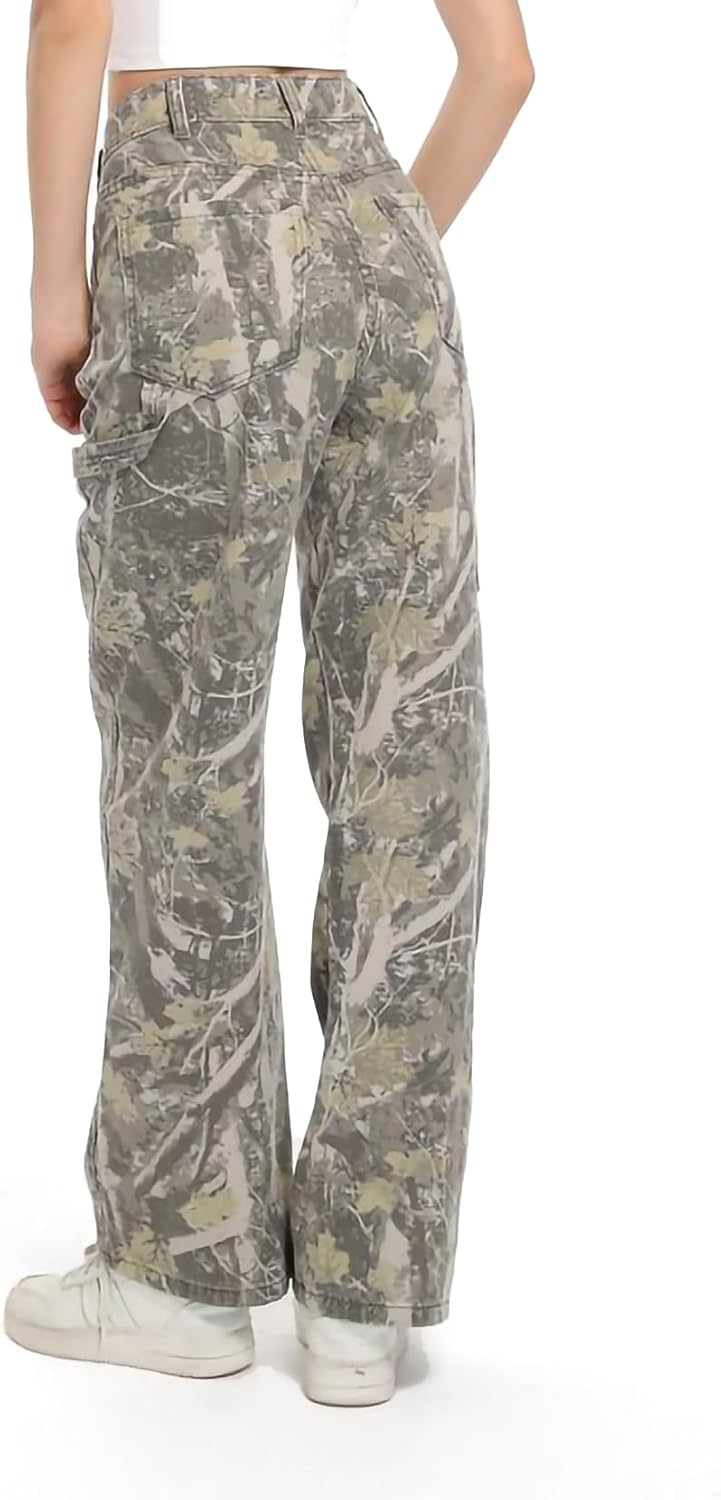 Women Camouflage Cargo Pants Camo Pants Stretchy Wide Leg Trousers Jeans, Travel Y2K Streetwear Baggy Pants with 5 Pockets（XXL） - Image 5