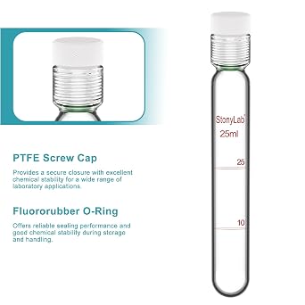 stonylab Glass Test Tube with PTFE Screw Cap, Thicken Borosilicate Glass Reusable Round Bottom, Graduated Pressure Resistant Colorimetric Culture Tube, for Laboratory Use, 25 ml