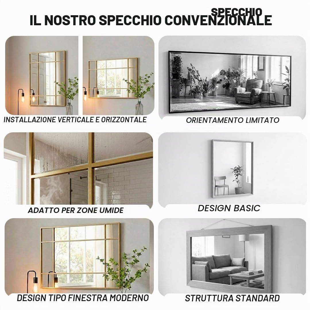 Marctani Specchio da parete per finestra, 90 x 60 cm, specchio industriale decorativo con cornice in metallo, design rettangolare effetto finestra per ingresso, ingresso e soggiorno
