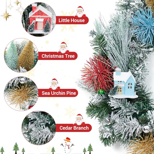 Christmas Garland, 6ft Snow Frosted Xmas Garland with Village House, Pinecones, Colorful Balls, Artificial Holiday Garland for Stairs, Fireplace, Mantle, Front Door Decor