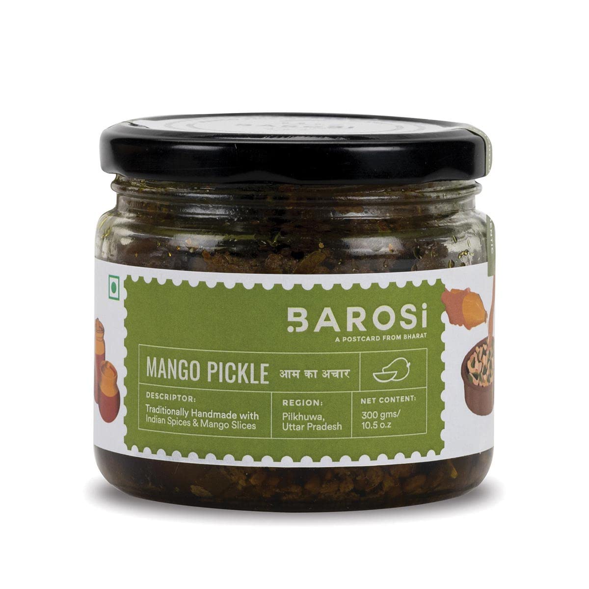 Barosi Mango Pickle 300gm | Traditional Recipe, Handmade with Mustard Oil & Rock Salt | Low Oil, No Artificial Preservatives | Tasty Aam Ka Achar | Glass Jar